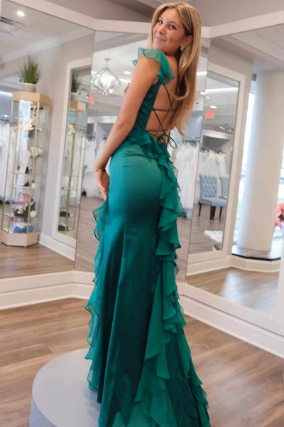 Green Blue Square Neck Ruffle Slit Prom Dress, Black Red Square Neck Ruffle Formal Graduation Dresses