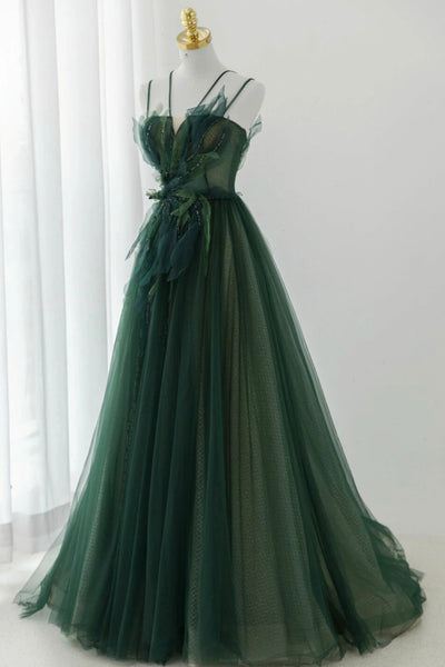 Green Floral Long Beaded Prom Dresses, Dark Green Floral Long Formal Dresses