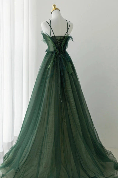 Green Floral Long Beaded Prom Dresses, Dark Green Floral Long Formal Dresses