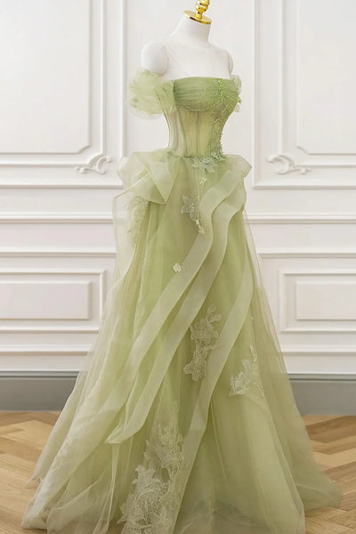 Green Tulle Lace Long Prom Dresses, Green Tulle Lace Formal Evening Dresses