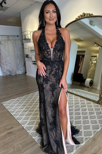 Halter Neck Black Lace Prom Dresses, Halter Neck Black Lace Long Formal Evening Dresses