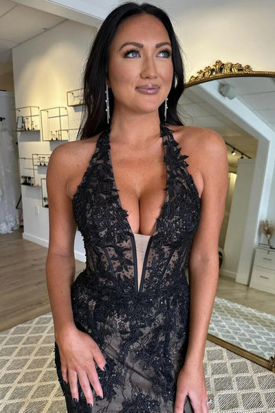 Halter Neck Black Lace Prom Dresses, Halter Neck Black Lace Long Formal Evening Dresses