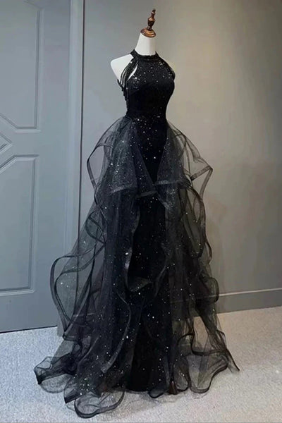 Halter Neck Black Navy Tulle Sequin Long Prom Dresses, Black Navy Long Formal Dresses