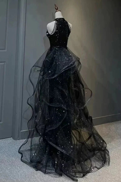 Halter Neck Black Navy Tulle Sequin Long Prom Dresses, Black Navy Long Formal Dresses