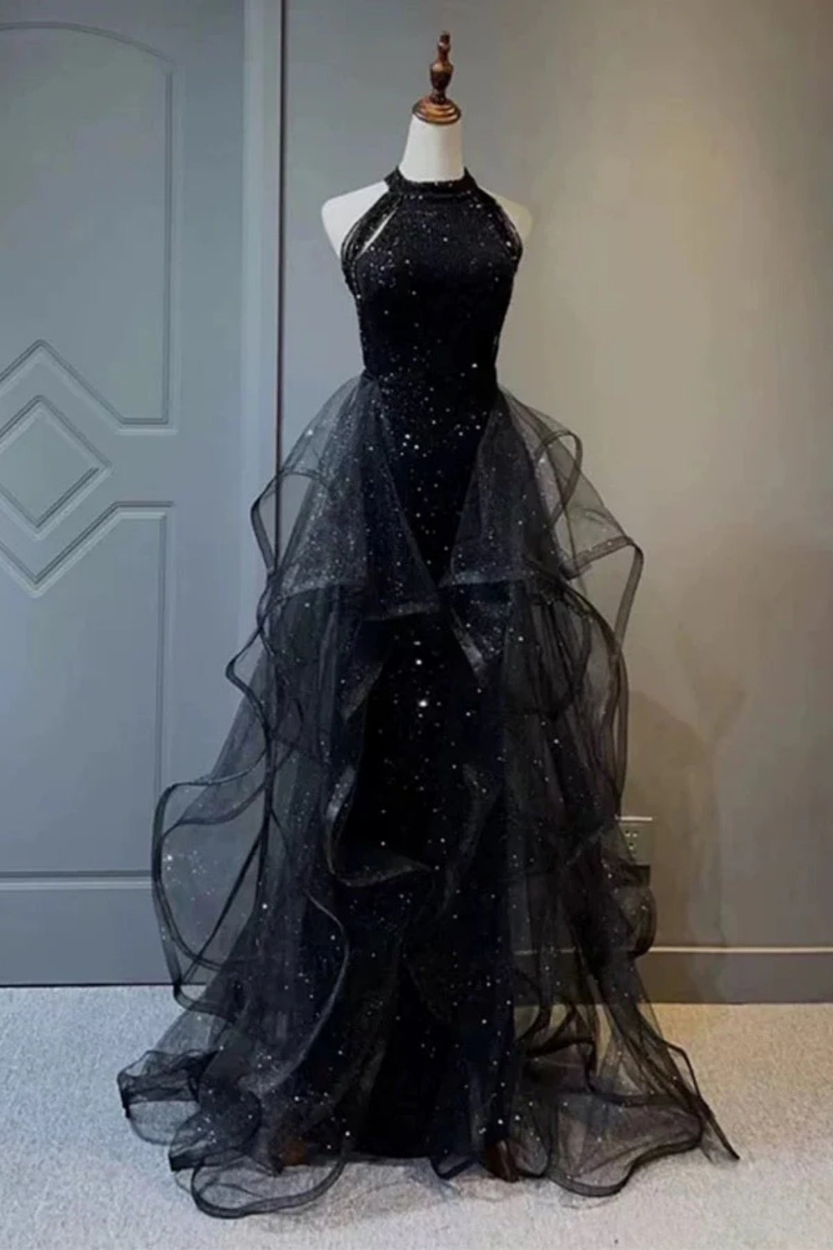Halter Neck Black Navy Tulle Sequin Long Prom Dresses, Black Navy Long Formal Dresses