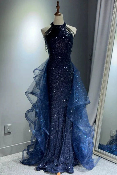 Halter Neck Black Navy Tulle Sequin Long Prom Dresses, Black Navy Long Formal Dresses