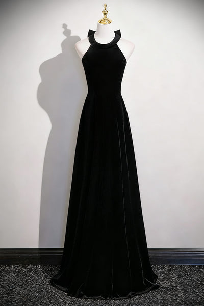 Halter Neck Black Velvet Long Prom Dresses, Black Velvet Long Formal Evening Dresses