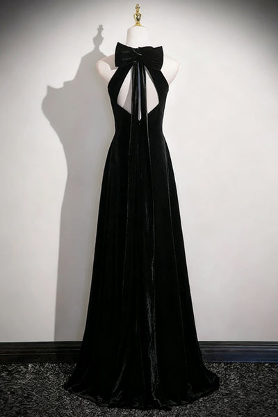 Halter Neck Black Velvet Long Prom Dresses, Black Velvet Long Formal Evening Dresses