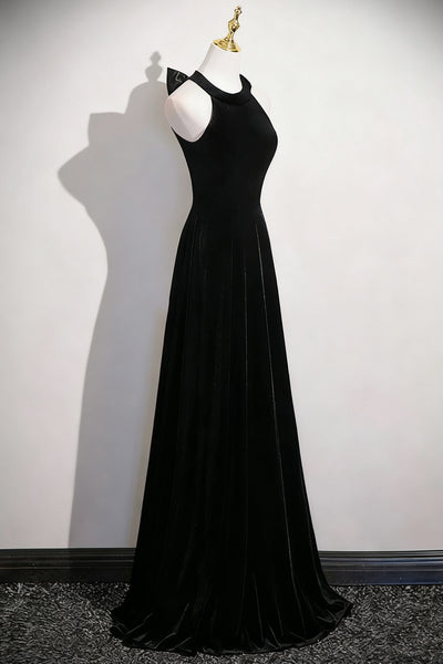 Halter Neck Black Velvet Long Prom Dresses, Black Velvet Long Formal Evening Dresses