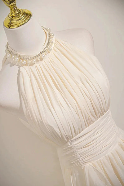Halter Neck Champagne Chiffon Long Prom Dresses, Champagne Halter Neck Formal Evening Dresses