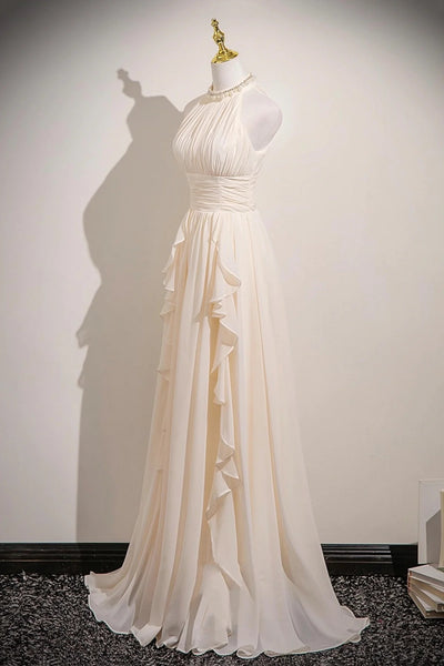 Halter Neck Champagne Chiffon Long Prom Dresses, Champagne Halter Neck Formal Evening Dresses
