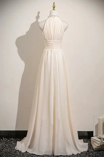 Halter Neck Champagne Chiffon Long Prom Dresses, Champagne Halter Neck Formal Evening Dresses