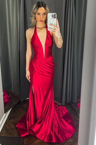 Halter Neck Mermaid Navy Blue/Red/Green Long Prom Dresses with High Slit, Deep V Neck Navy Blue/Red/Green Formal Graduation Evening Dresses with Train