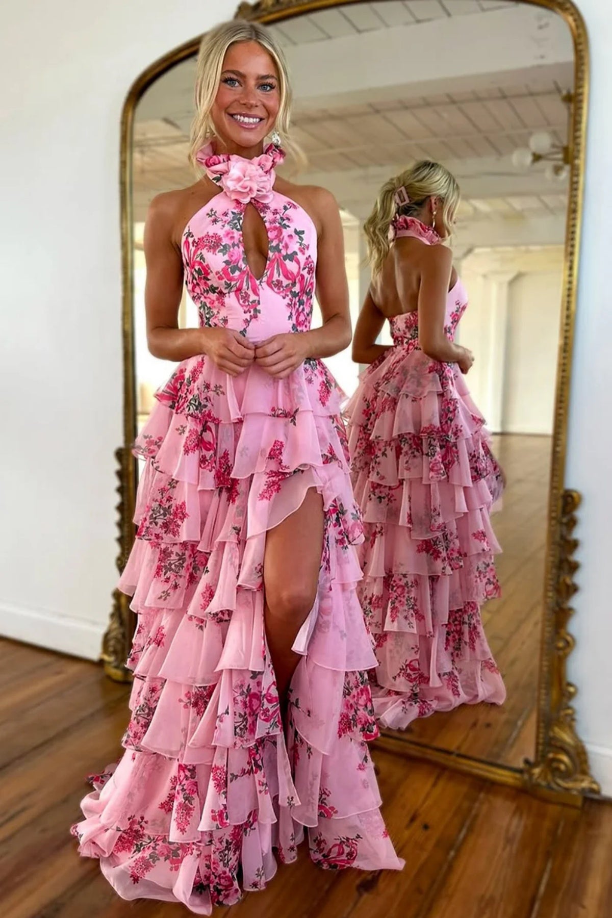 Halter Neck Pink Floral Layered Long Prom Dresses, Halter Neck Pink Floral Layered Long Formal Evening Dresses