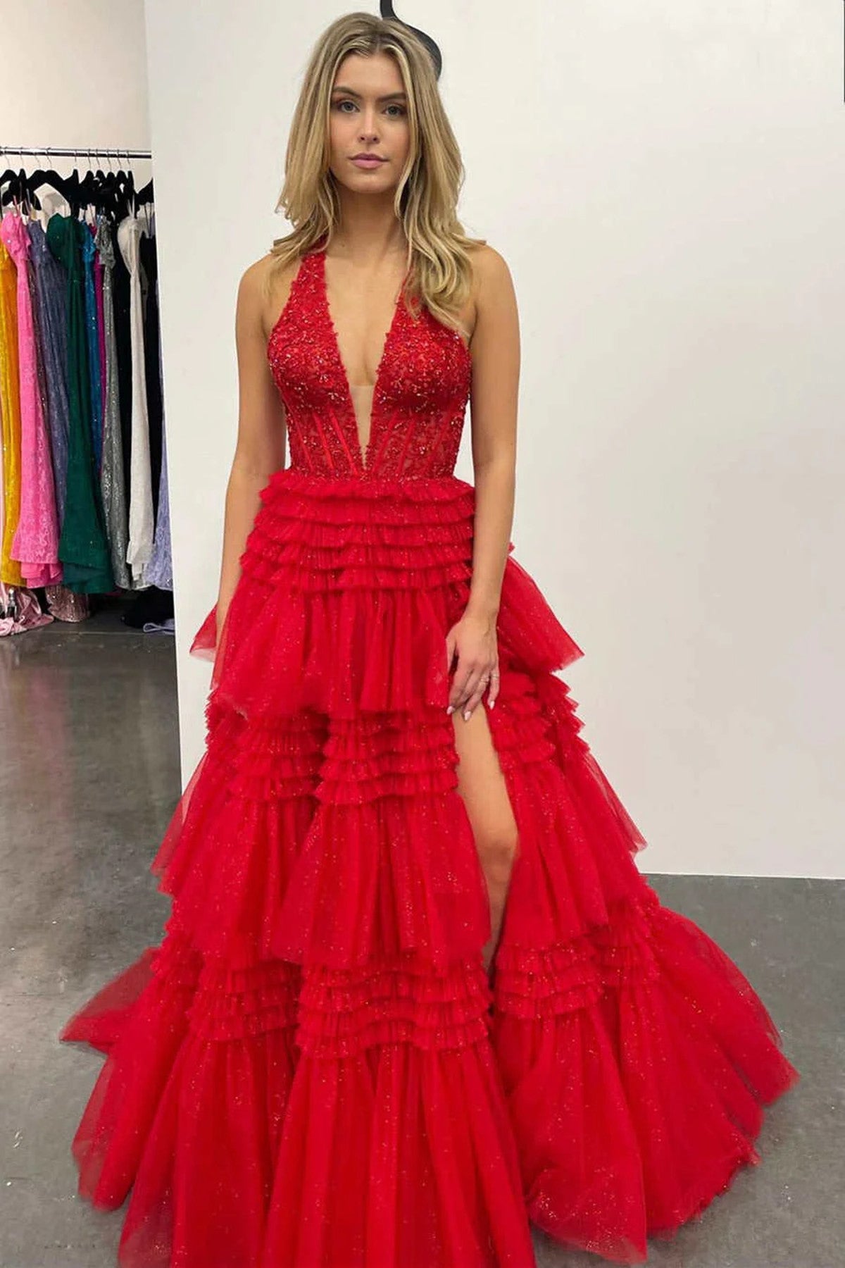 Halter Neck Red Gray Pink Ruffle Lace Prom Dresses, Halter Neck Lace F Eip Collection Halter Neck Red Gray Pink Ruffle Lace Prom Dresses, Halter Neck Lace F Eip Collection