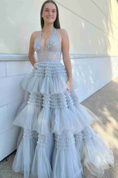 Halter Neck Red Gray Pink Ruffle Lace Prom Dresses, Halter Neck Lace Formal Evening Dresses