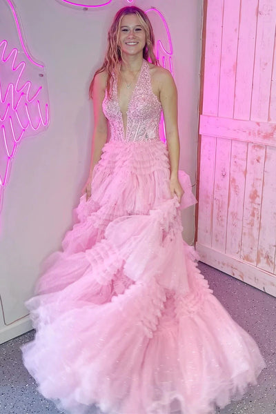 Halter Neck Red Gray Pink Ruffle Lace Prom Dresses, Halter Neck Lace Formal Evening Dresses