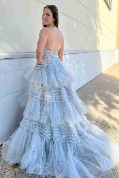 Halter Neck Red Gray Pink Ruffle Lace Prom Dresses, Halter Neck Lace Formal Evening Dresses