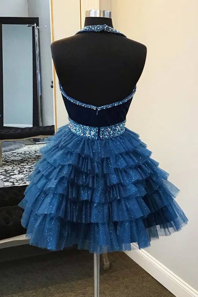 Halter V Neck Backless Ruffle Beaded Blue/Red Short Prom Dresses, Blue/Red Tulle Homecoming Dresses