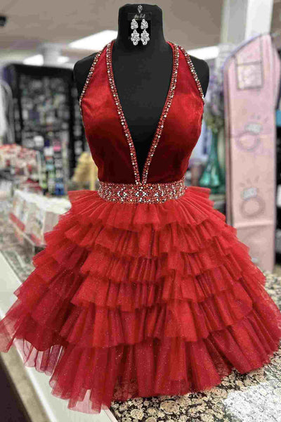Halter V Neck Backless Ruffle Beaded Blue/Red Short Prom Dresses, Blue/Red Tulle Homecoming Dresses