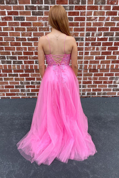 Hot Pink Backless Lace Long Prom Dresses, Open Back Hot Pink Long Lace Formal Evening Dresses