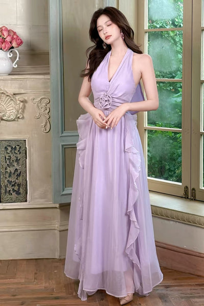 Lilac Halter Neck Prom Dresses, Lavender Deep V Ruched Long Formal Bridesmaid Dresses with 3D Rose