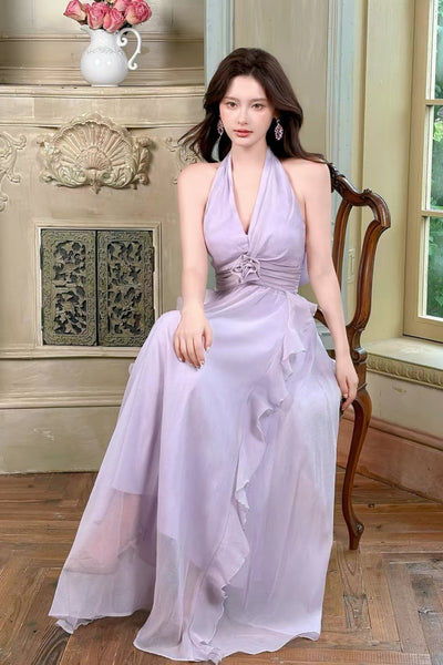Lilac Halter Neck Prom Dresses, Lavender Deep V Ruched Long Formal Bridesmaid Dresses with 3D Rose