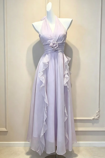 Lilac Halter Neck Prom Dresses, Lavender Deep V Ruched Long Formal Bridesmaid Dresses with 3D Rose