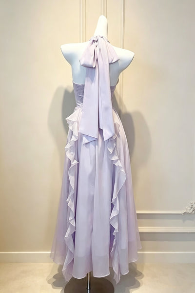 Lilac Halter Neck Prom Dresses, Lavender Deep V Ruched Long Formal Bridesmaid Dresses with 3D Rose