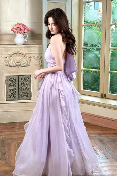 Lilac Halter Neck Prom Dresses, Lavender Deep V Ruched Long Formal Bridesmaid Dresses with 3D Rose