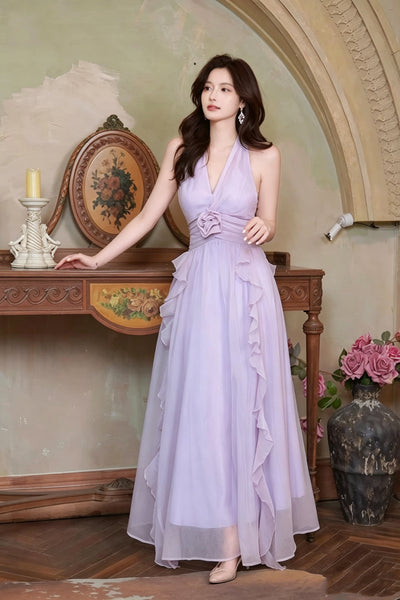 Lilac Halter Neck Prom Dresses, Lavender Deep V Ruched Long Formal Bridesmaid Dresses with 3D Rose