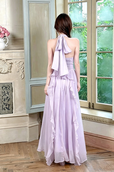 Lilac Halter Neck Prom Dresses, Lavender Deep V Ruched Long Formal Bridesmaid Dresses with 3D Rose