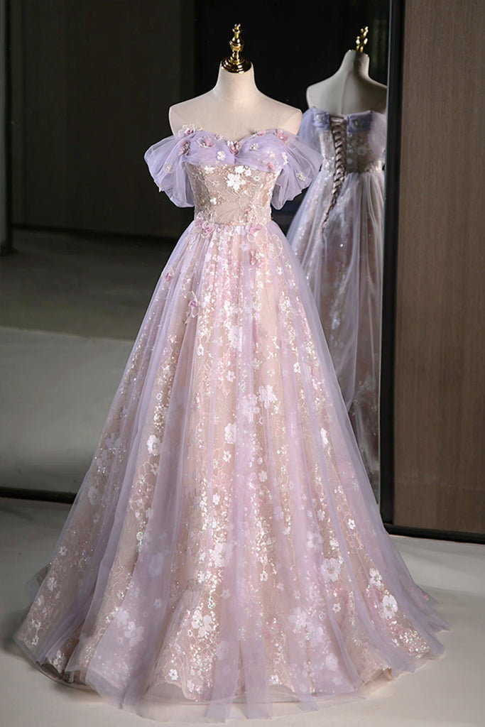 Lovely Off the Shoulder Light Purple Floral Tulle Long Prom Dresses, P Eip Collection Lovely Off the Shoulder Light Purple Floral Tulle Long Prom Dresses, P Eip Collection