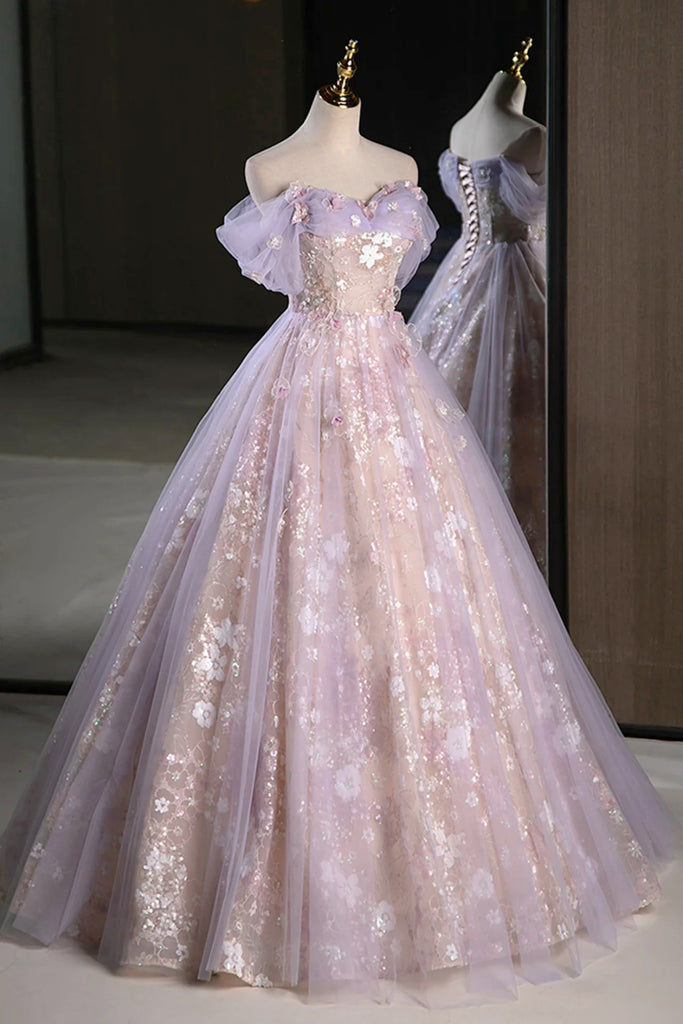 Lovely Off the Shoulder Light Purple Floral Tulle Long Prom Dresses, P Eip Collection Lovely Off the Shoulder Light Purple Floral Tulle Long Prom Dresses, P Eip Collection