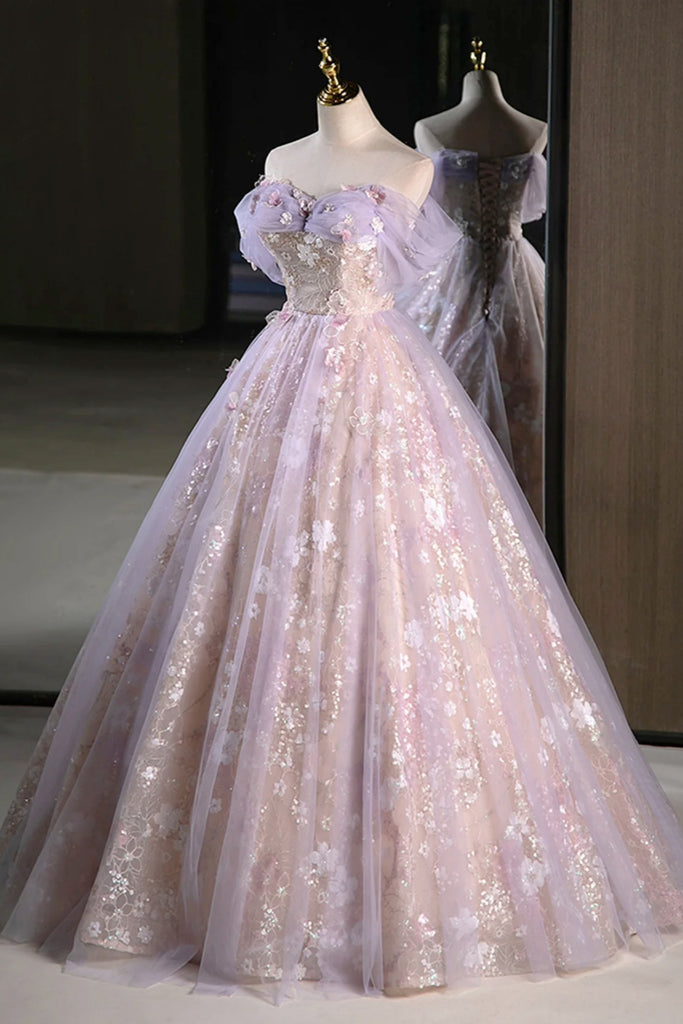 Lovely Off the Shoulder Light Purple Floral Tulle Long Prom Dresses, P Eip Collection Lovely Off the Shoulder Light Purple Floral Tulle Long Prom Dresses, P Eip Collection