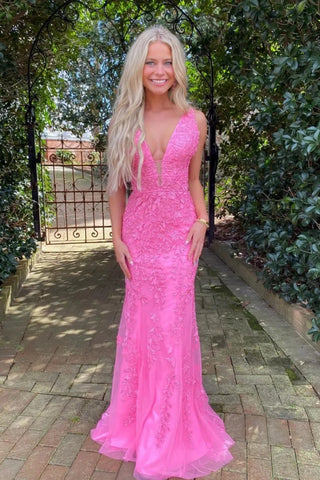 Mermaid V Neck Hot Pink Prom Dresses, Hot Pink Mermaid Lace Formal Evening Dresses