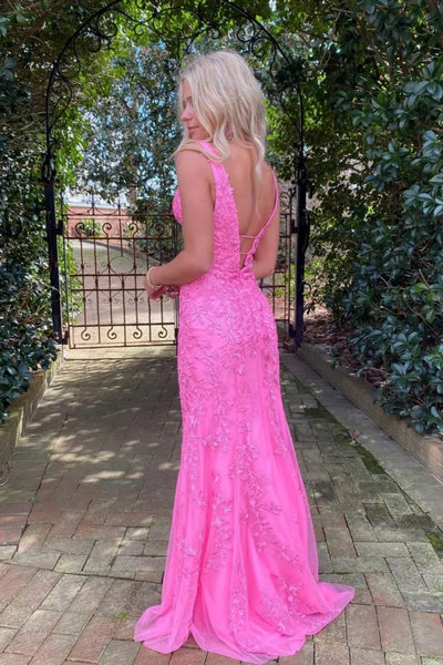 Mermaid V Neck Hot Pink Prom Dresses, Hot Pink Mermaid Lace Formal Evening Dresses