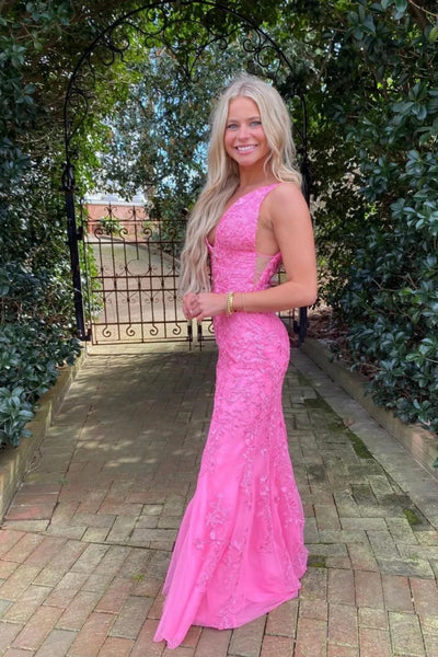 Mermaid V Neck Hot Pink Prom Dresses, Hot Pink Mermaid Lace Formal Evening Dresses