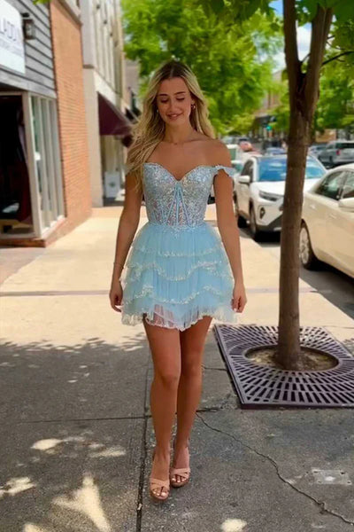 Off Shoulder Layered Black/Light Blue Lace Short Prom Dresses, Black/Light Blue Lace Homecoming Dresses, Black/Light Blue Formal Graduation Evening Dresses
