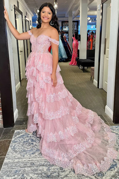 Off Shoulder Layered Pink Lace Long Prom Dresses, Pink Lace Formal Dresses, Pink Evening Dresses