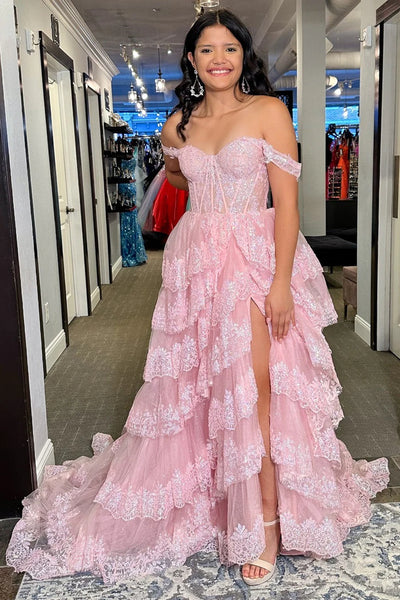 Off Shoulder Layered Pink Lace Long Prom Dresses, Pink Lace Formal Dresses, Pink Evening Dresses