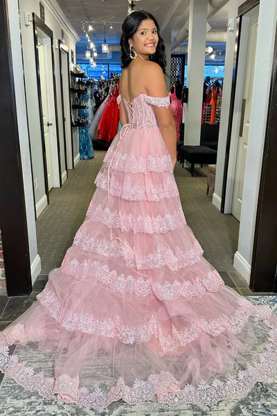 Off Shoulder Layered Pink Lace Long Prom Dresses, Pink Lace Formal Dresses, Pink Evening Dresses
