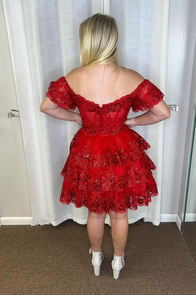 Off Shoulder Layered Red/Black Lace Prom Dresses, Short Red/Black Lace Eip Collection Off Shoulder Layered Red/Black Lace Prom Dresses, Short Red/Black Lace Eip Collection