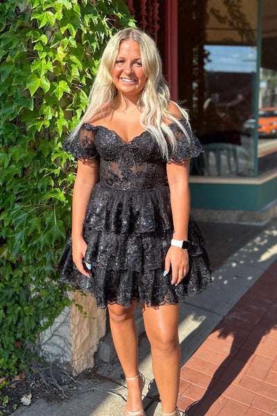 Off Shoulder Layered Red/Black Lace Prom Dresses, Short Red/Black Lace Homecoming Dresses, Red/Black Formal Graduation Evening Dresses