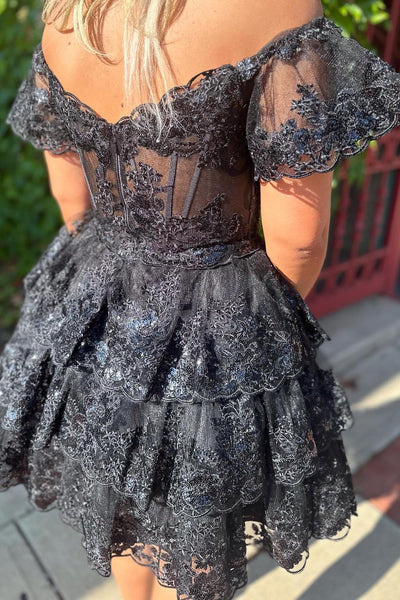 Off Shoulder Layered Red/Black Lace Prom Dresses, Short Red/Black Lace Homecoming Dresses, Red/Black Formal Graduation Evening Dresses