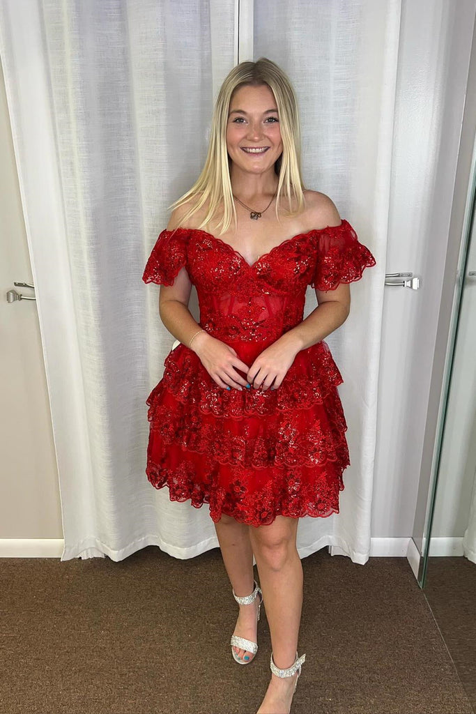 Off Shoulder Layered Red/Black Lace Prom Dresses, Short Red/Black Lace Eip Collection Off Shoulder Layered Red/Black Lace Prom Dresses, Short Red/Black Lace Eip Collection
