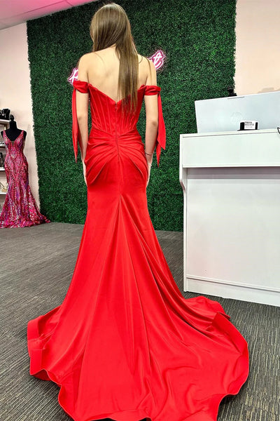 Off Shoulder Mermaid Red Long Prom Dresses with High Slit, Mermaid Red Formal Dresses, Red Evening Dresses with Train