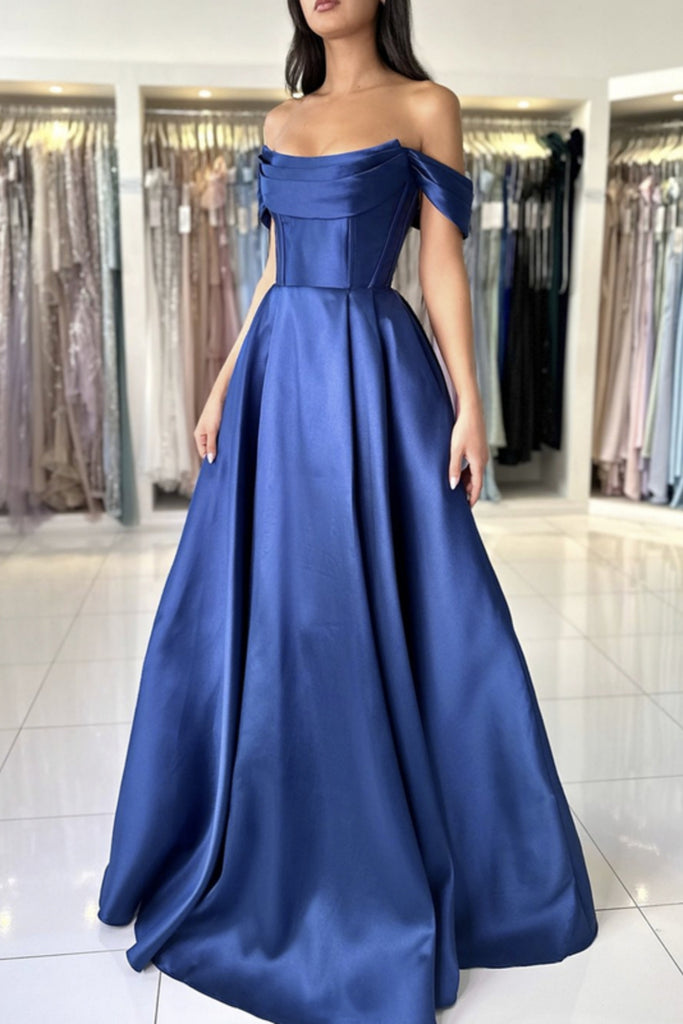 Off Shoulder Navy Blue Satin Long Prom Dresses, Off the Shoulder Forma Eip Collection Off Shoulder Navy Blue Satin Long Prom Dresses, Off the Shoulder Forma Eip Collection