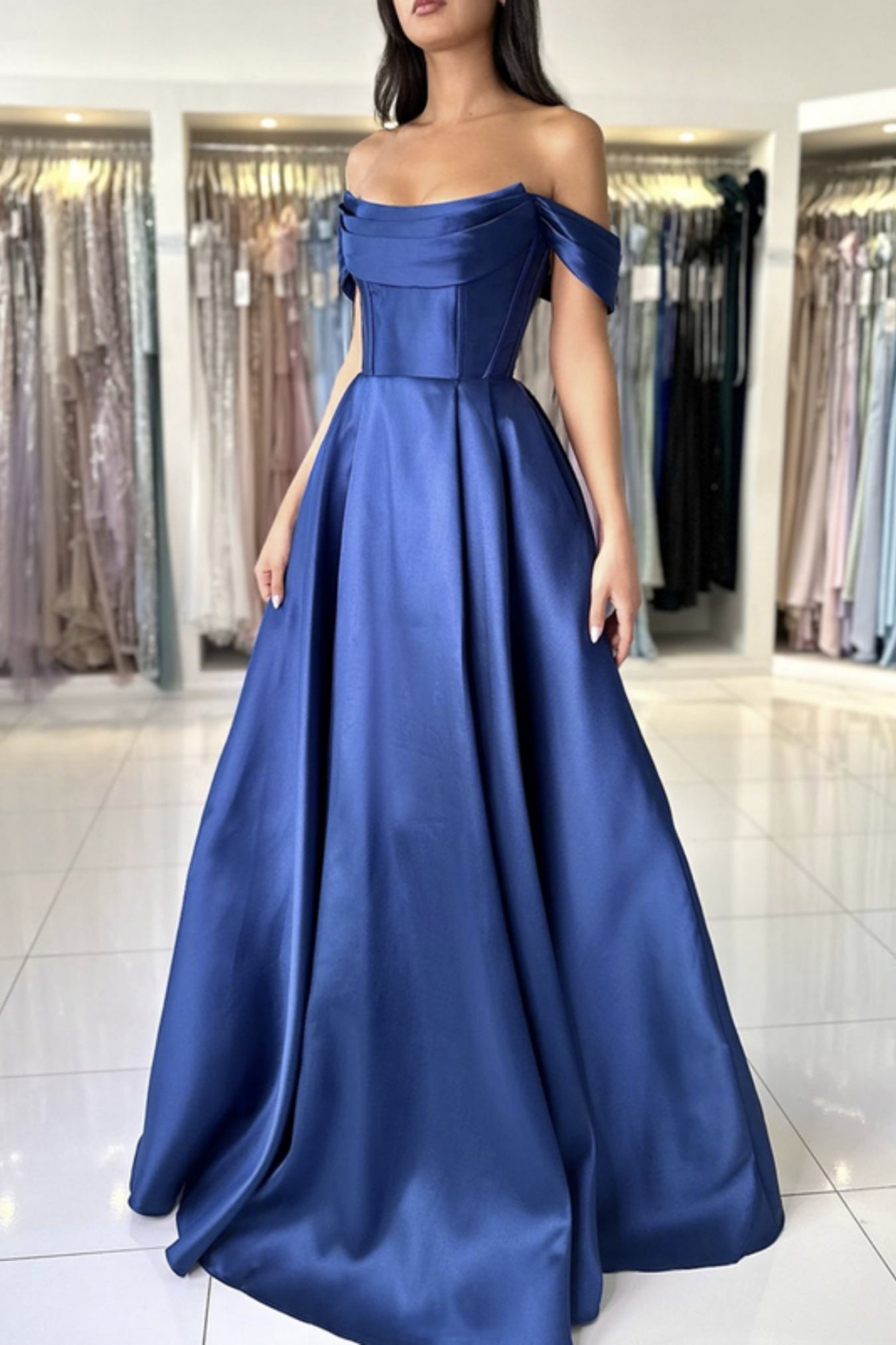 Off Shoulder Navy Blue Satin Long Prom Dresses, Off the Shoulder Forma Eip Collection Off Shoulder Navy Blue Satin Long Prom Dresses, Off the Shoulder Forma Eip Collection