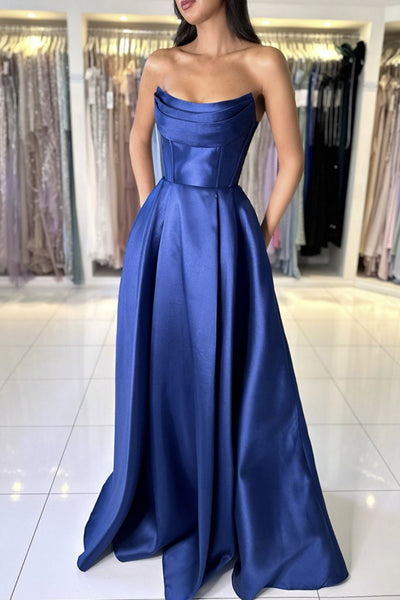 Off Shoulder Navy Blue Satin Long Prom Dresses, Off the Shoulder Formal Dresses, Navy Blue Evening Dresses